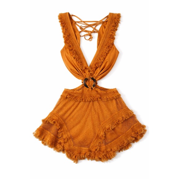Rosevelvet Dresses & Skirts - RoseVelvet Mustard Yellow Cutout Lace Up Fringe Mini Dress